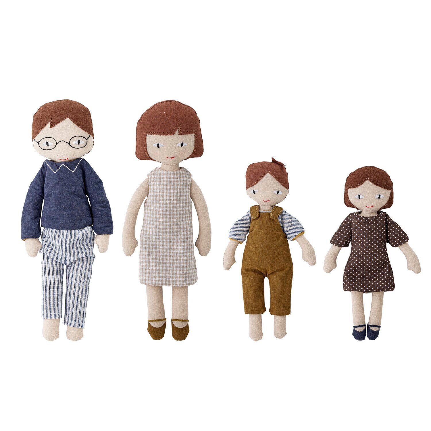 Stoffpuppen-Set mit vier Figuren, verschiedene Outfits und Frisuren