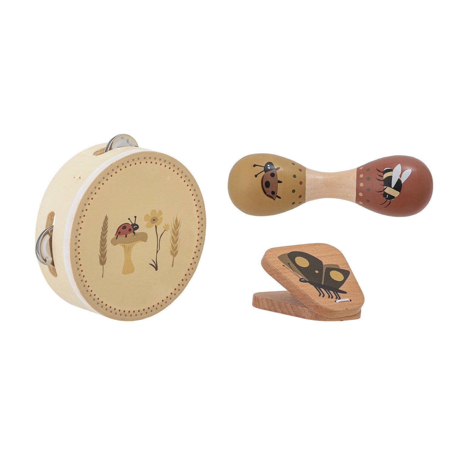 Holz-Perkussionsset mit bedrucktem Tamburin, Rassel und Klangholz