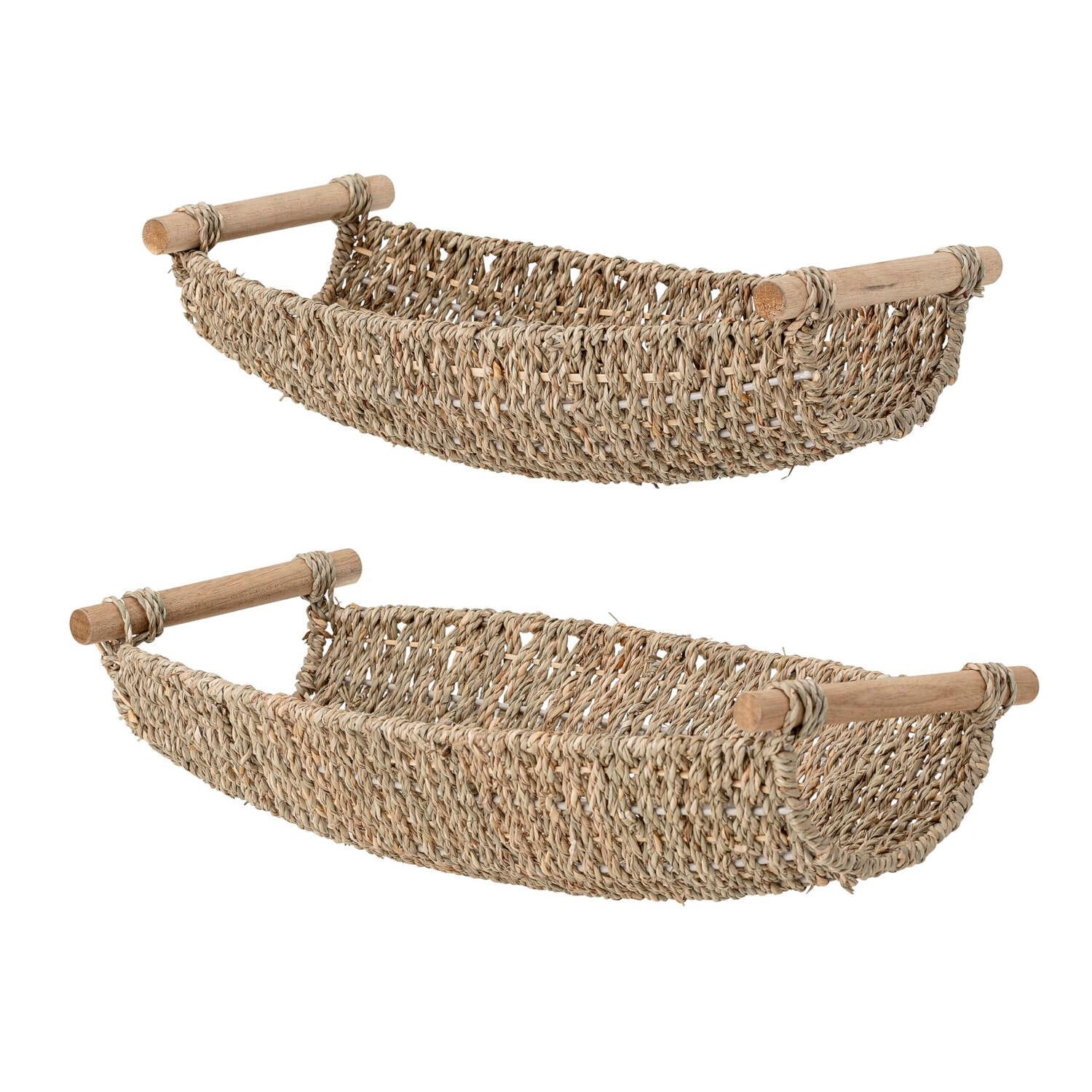 Naturfarbenes Seegras-Tablett-Set Idah, 2 ovale Schalen mit Holzgriffen