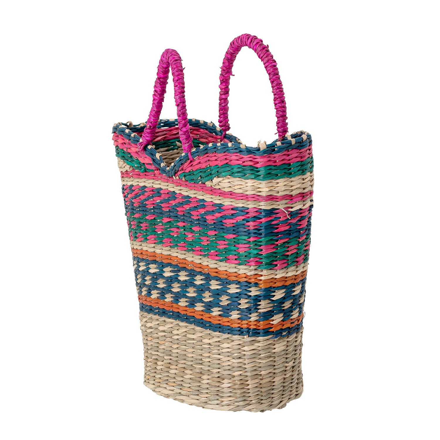 Seegras-Tasche 'Gita' seitlich mit bunten Streifen und rosa Griffen