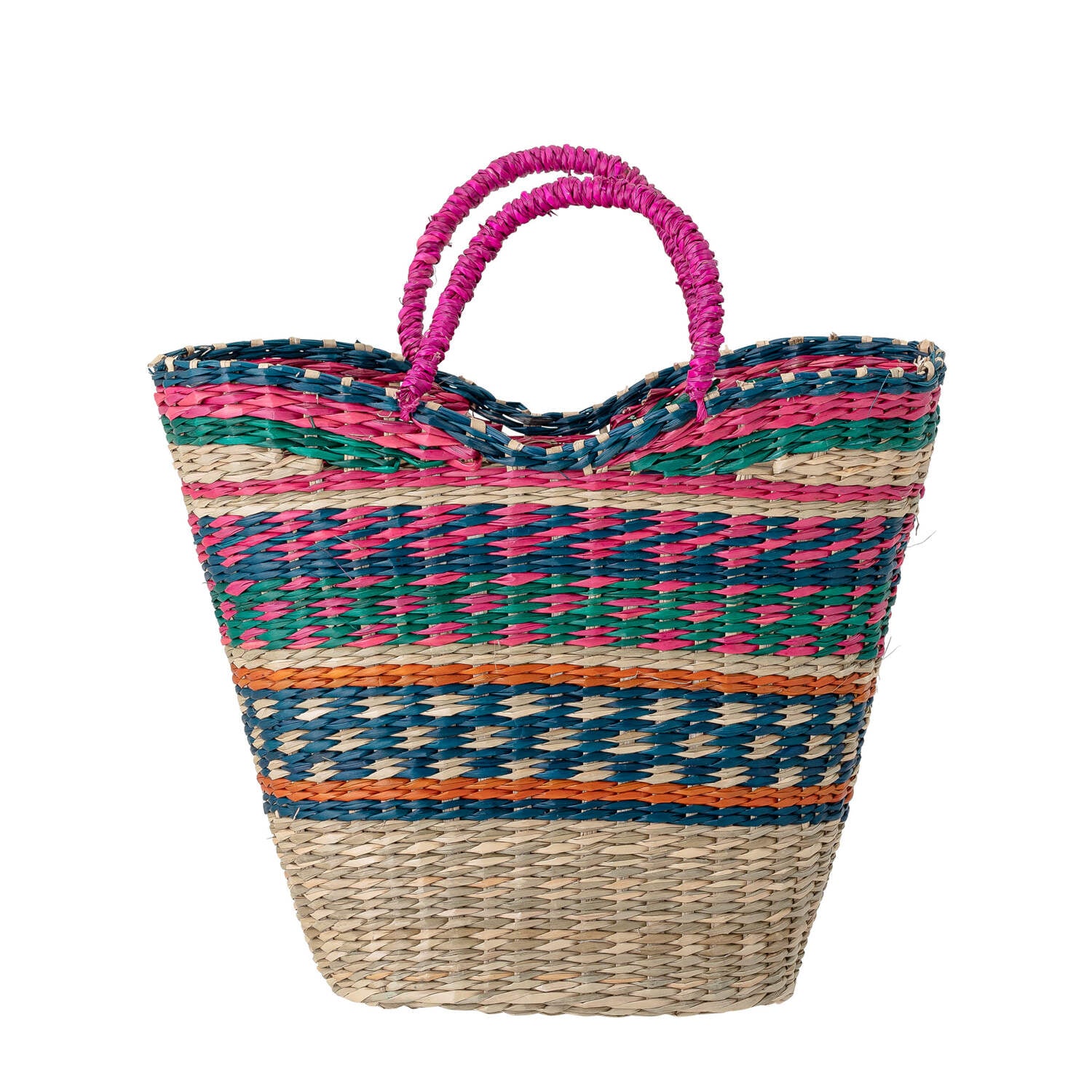 Seegras-Tasche 'Gita' mit bunten Streifen und rosa Griffen