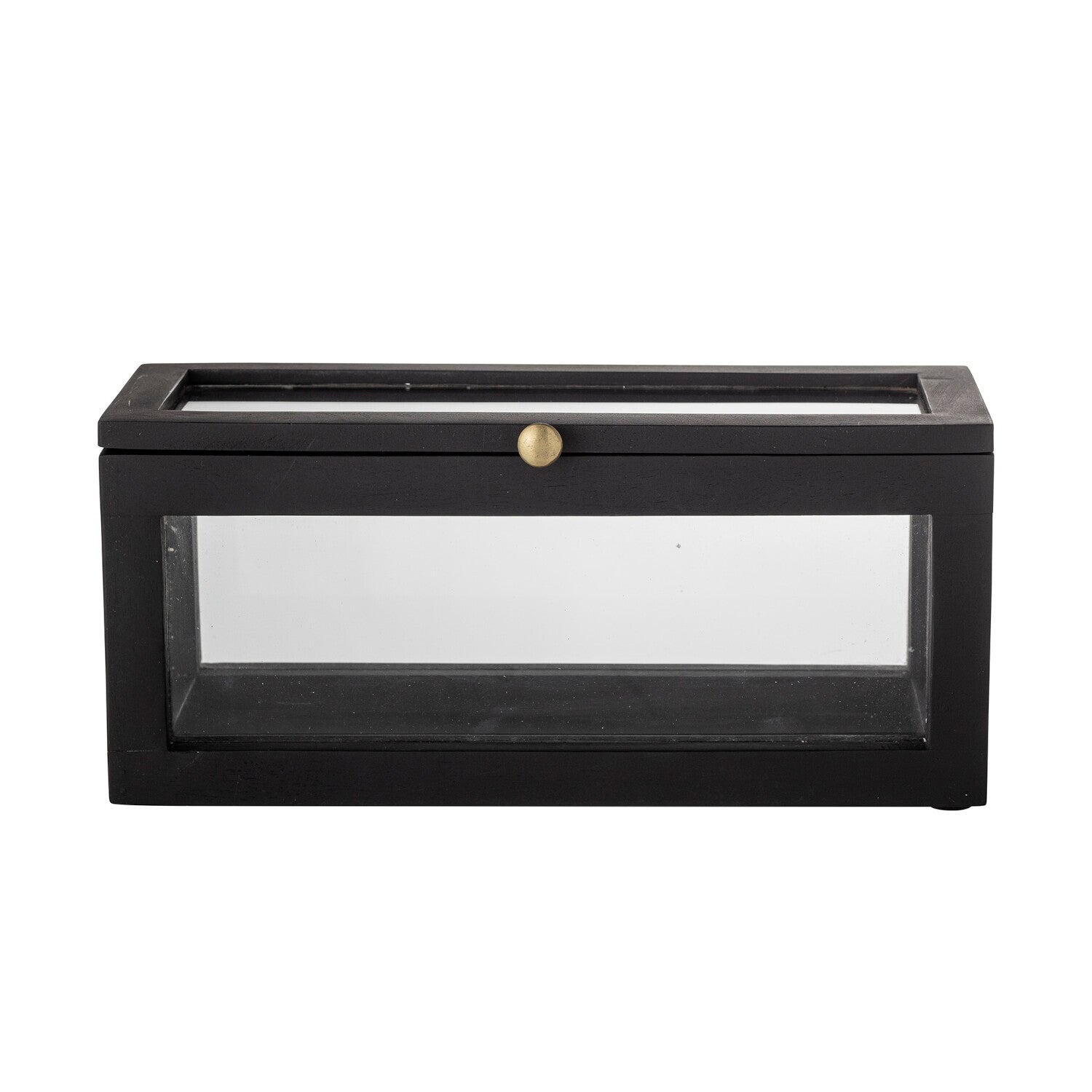 Schwarze Deko-Box mit Deckel und Glaseinsatz, goldener Knauf am Deckel
