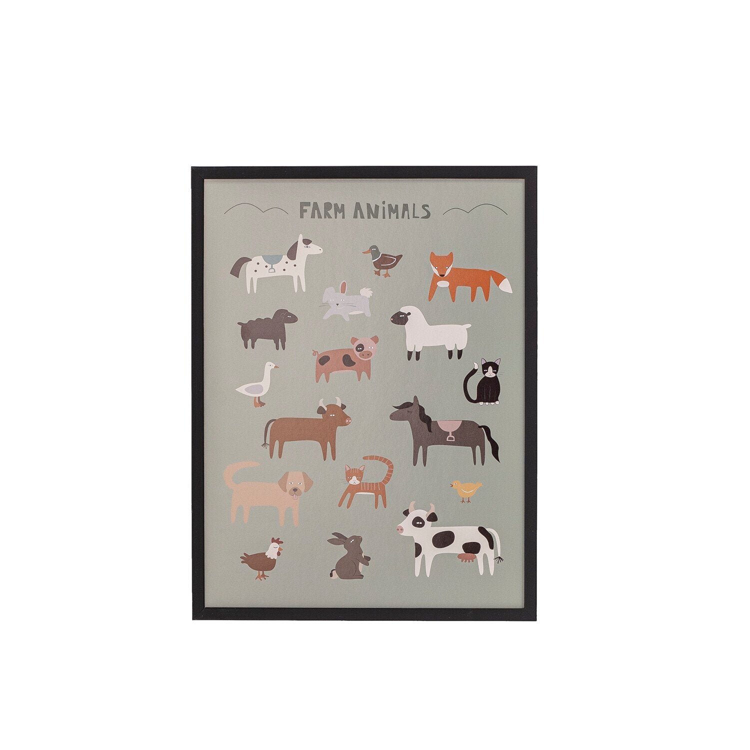 Gerahmtes Bild mit schwarzem Rahmen, Motiv Bauernhoftiere und Text „FARM ANIMALS“.