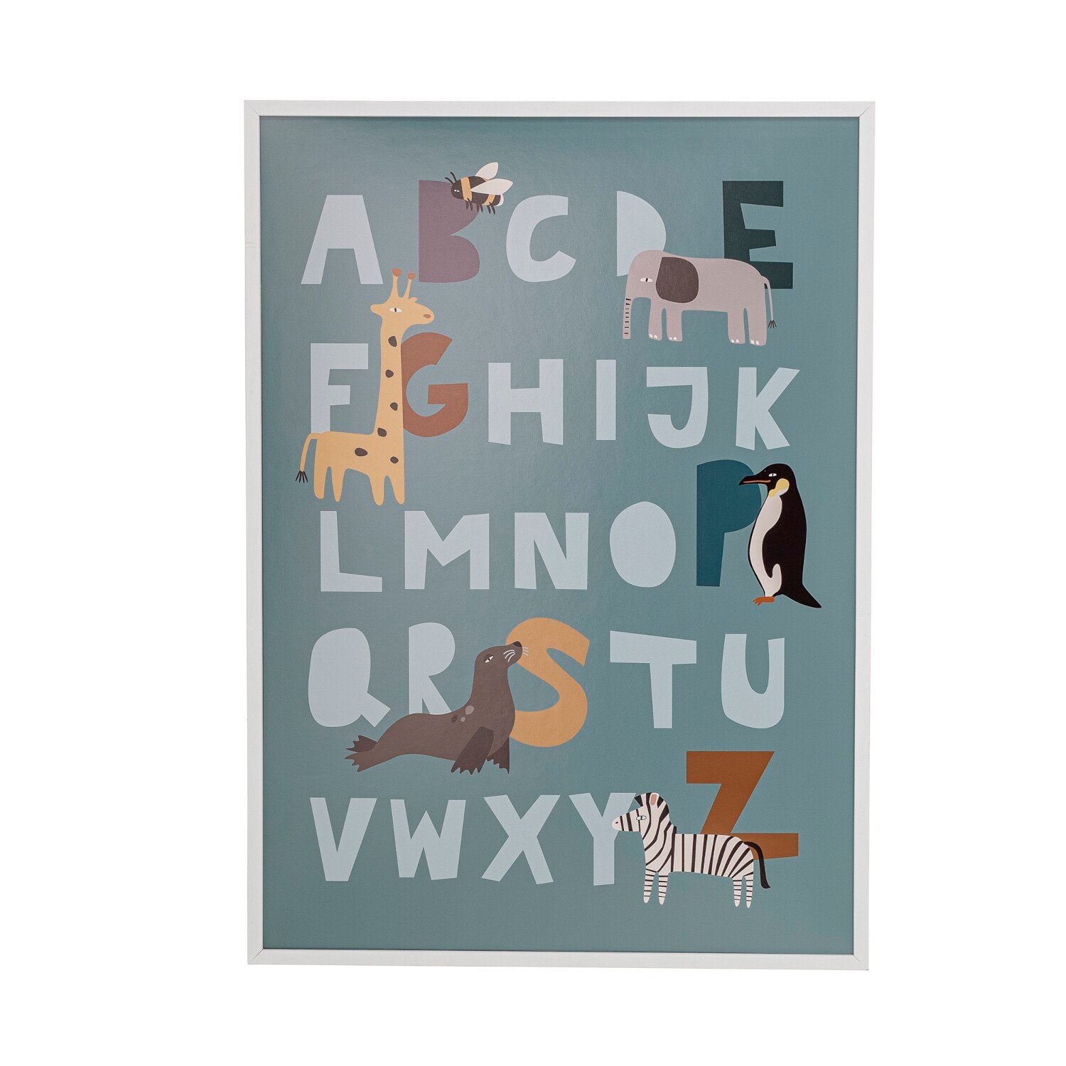 Gerahmtes Wandbild mit Alphabet-Buchstaben und bunten Tiermotiven