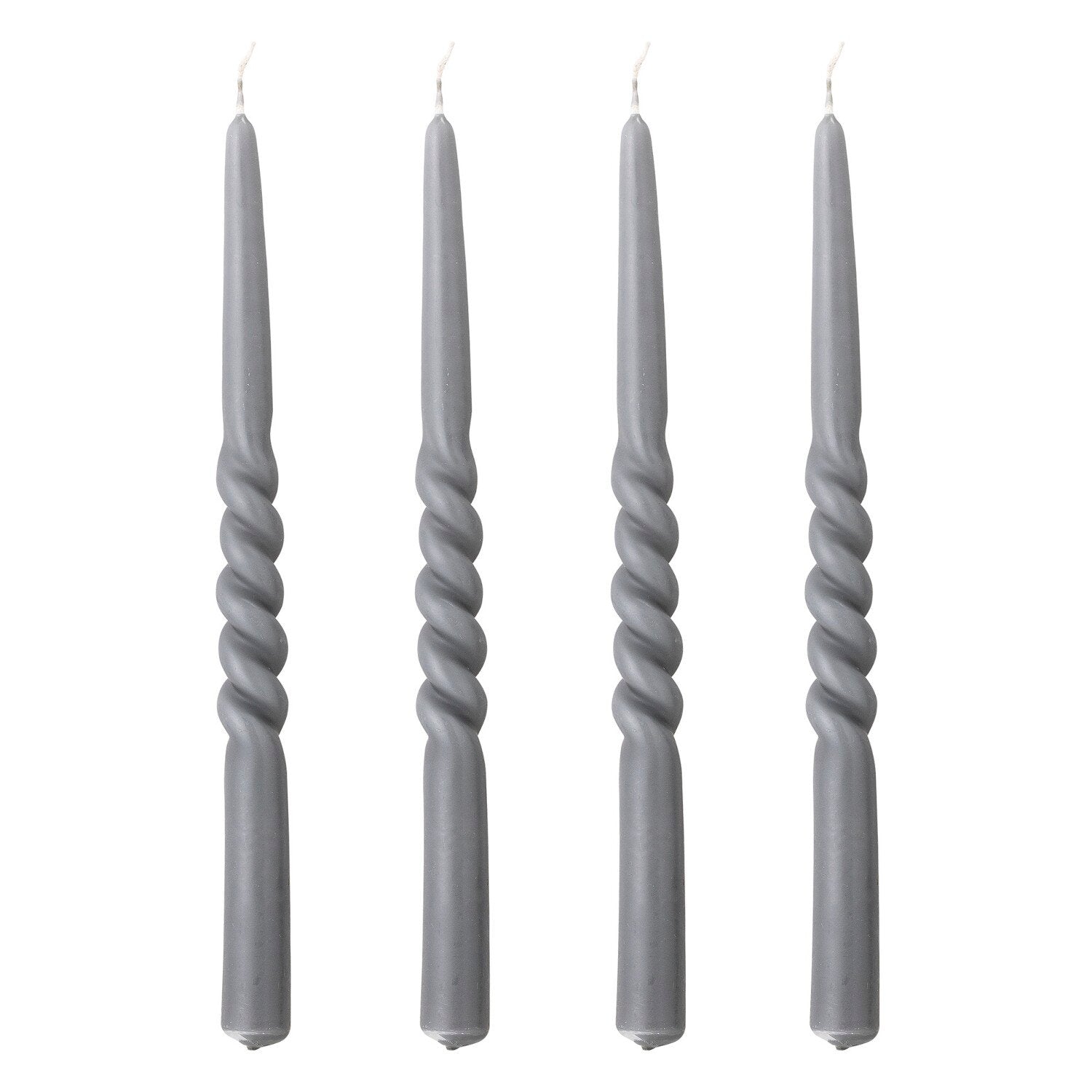 4er-Set graue Stabkerzen, gedrehtes Wachsdesign, flache Kerzenspitze