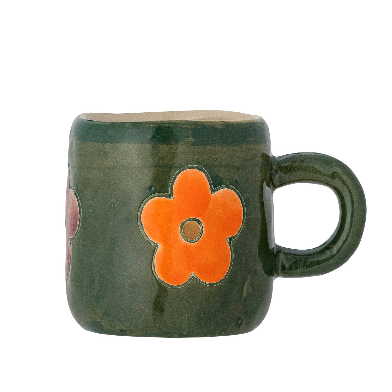 Grüne Keramiktasse mit orangefarbener Blume und rundem Henkel