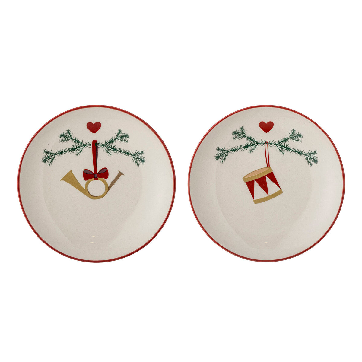 2er-Set Weihnachtsteller, naturfarben mit rotem Rand und Kerzen-/Herzornamenten