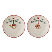 2er-Set Weihnachtsteller, naturfarben mit rotem Rand und Kerzen-/Herzornamenten