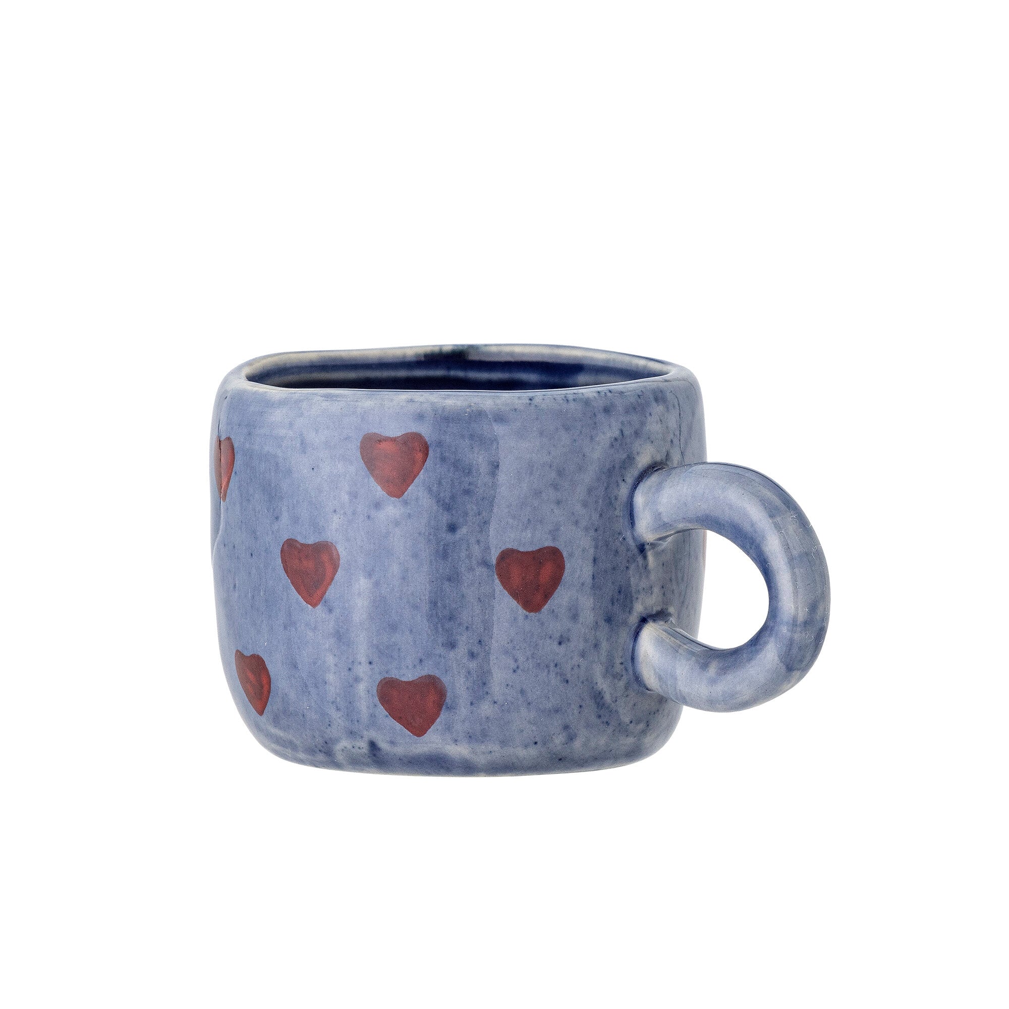 Blaue Keramiktasse mit roten Herzen, runder Öffnung und seitlichem Griff