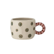 Tasse aus Keramik in Natur mit Kreis-Muster und braunem Ringhenkel