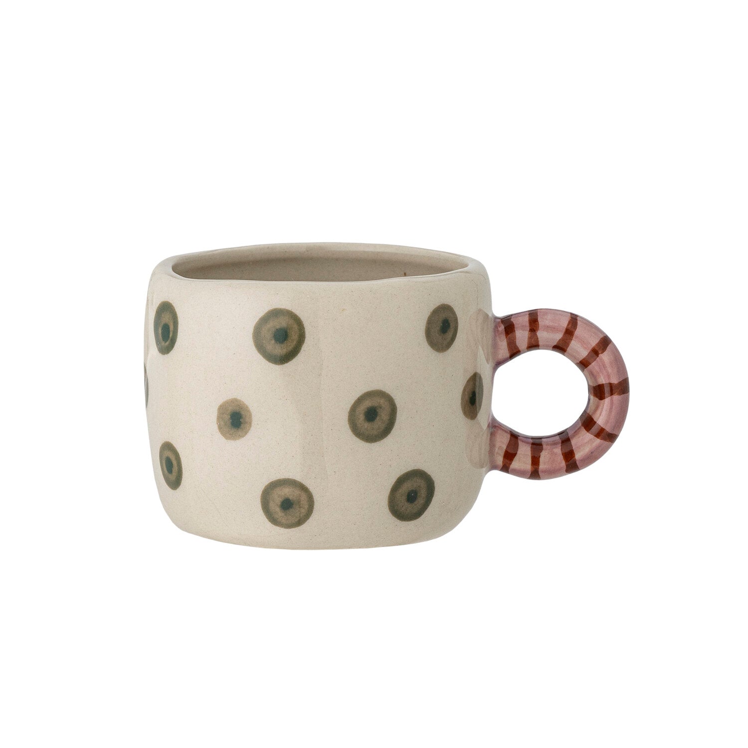Tasse aus Keramik in Natur mit Kreis-Muster und braunem Ringhenkel