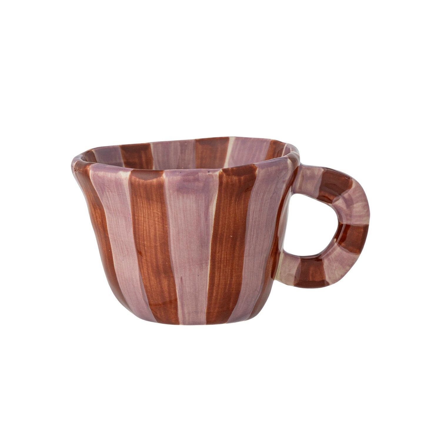 Tasse aus Keramik mit braun-pinken Vertikalstreifen und Henkel