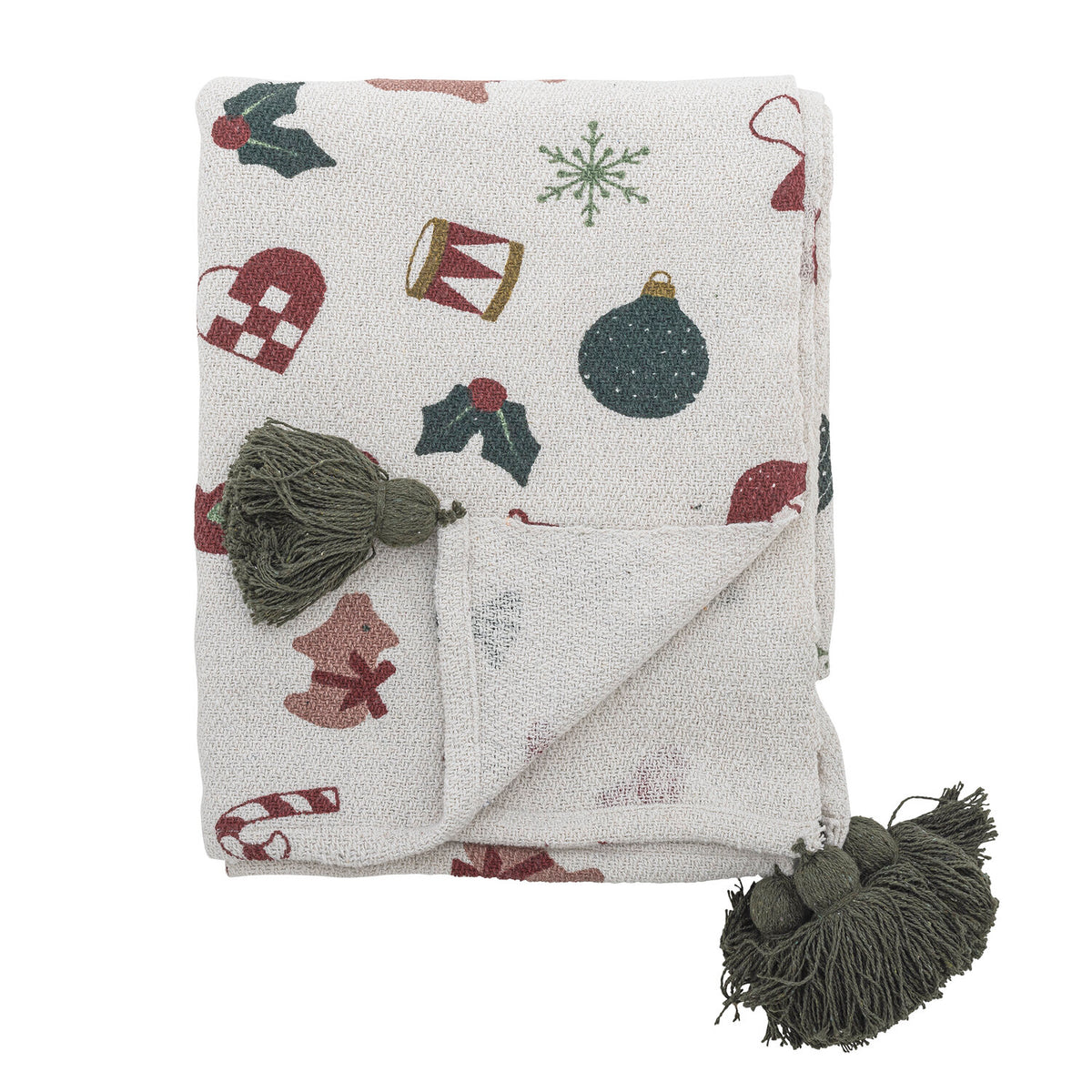 Naturfarbene Decke mit Weihnachts-Motiven und Quasten am Rand, 160x130 cm