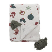 Naturfarbene Decke mit Weihnachts-Motiven und Quasten am Rand, 160x130 cm