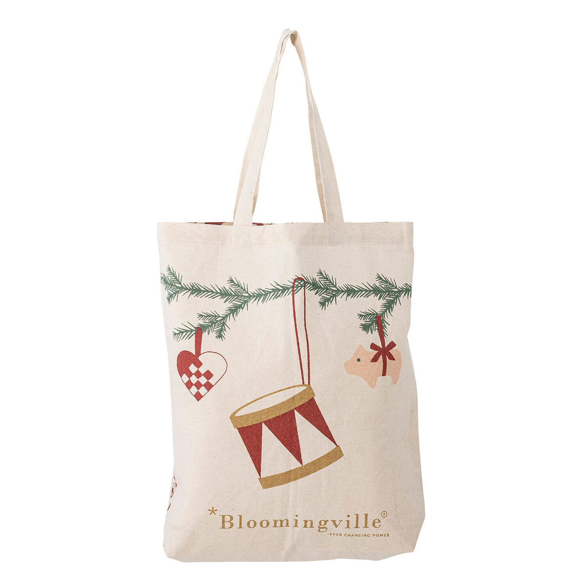 Tragetasche „Yule“ Natur mit Winterornamenten, grüner Tannenbordüre und Bloomingville-Logo