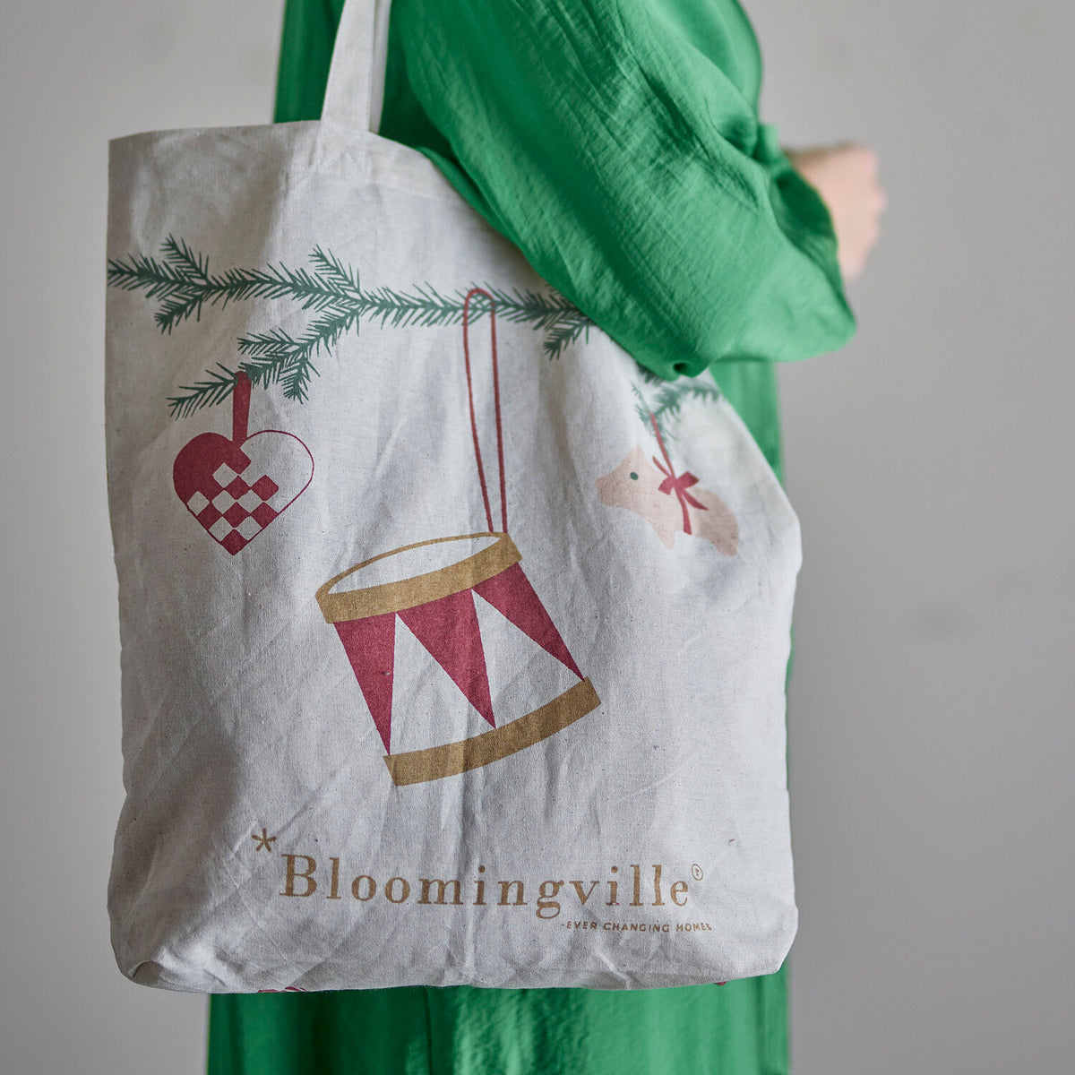 Tragetasche „Yule“ Natur mit Hänge-Laterne- und Herzmotiv, Aufdruck Bloomingville