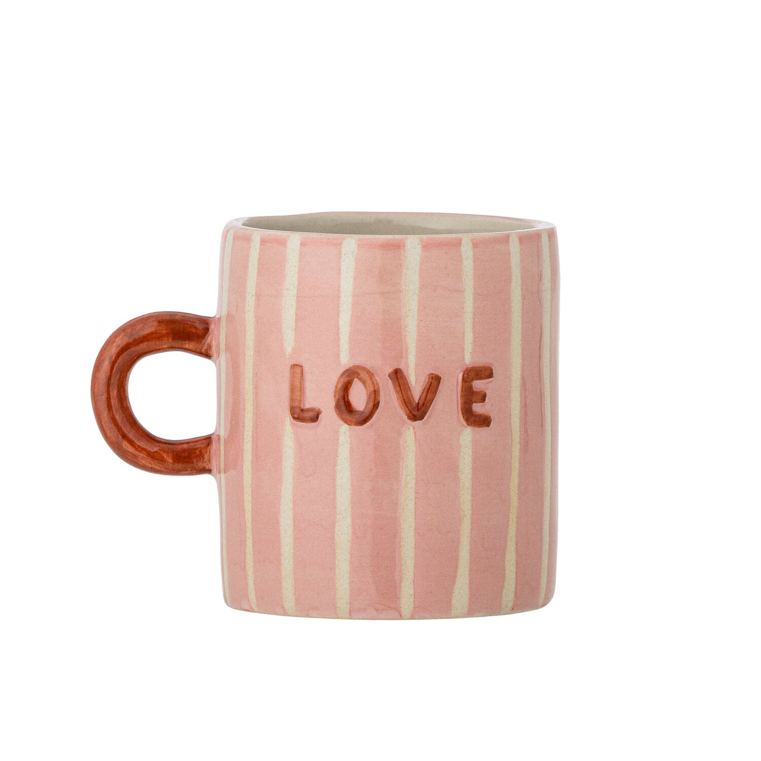 Rosa Keramikbecher mit weißen Streifen und Aufschrift „LOVE“, brauner Henkel
