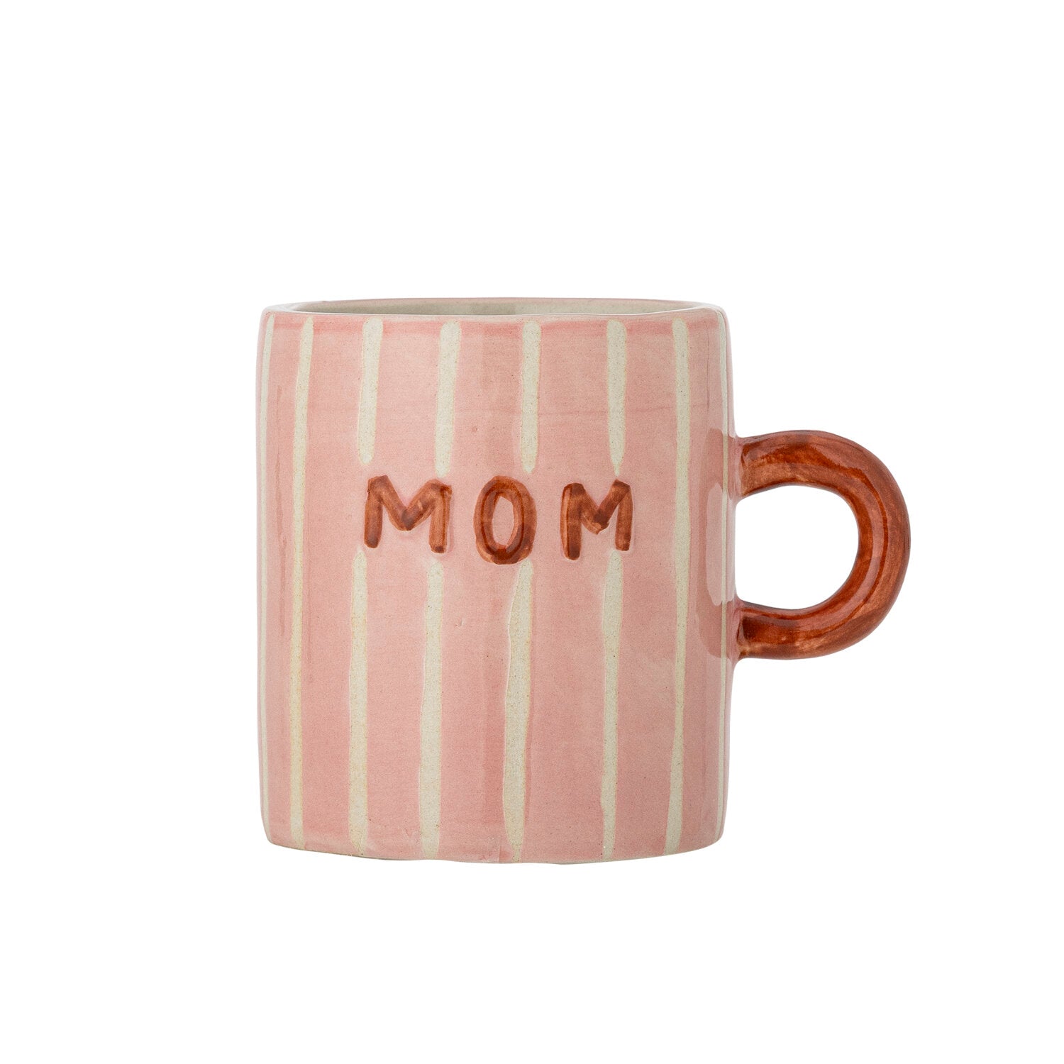 Rosa Keramikbecher mit weißen Streifen und Aufschrift „MOM“, brauner Henkel