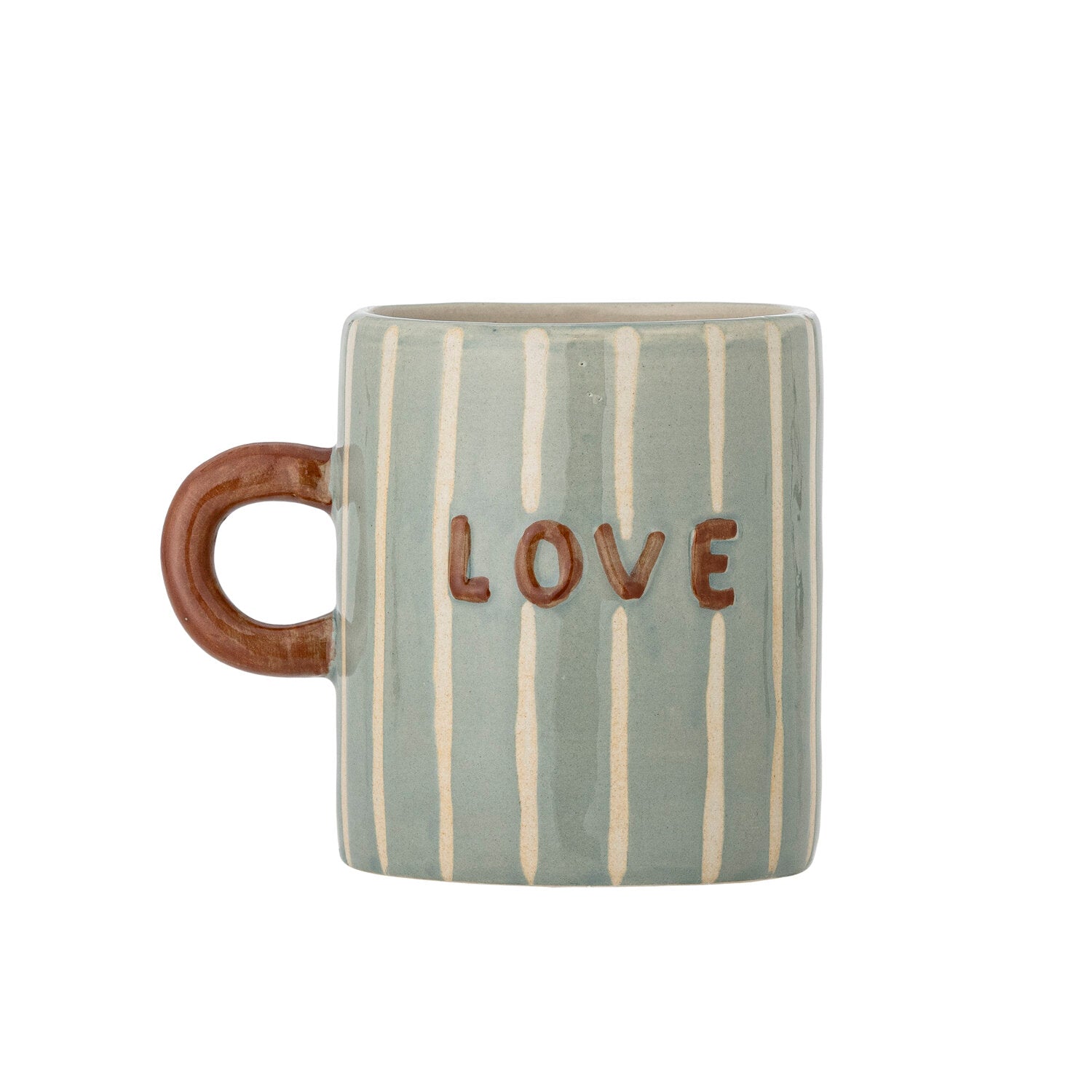 Becher Cherish 8x9 cm mit braunem Henkel, hellblauen Streifen und Aufschrift „Love“
