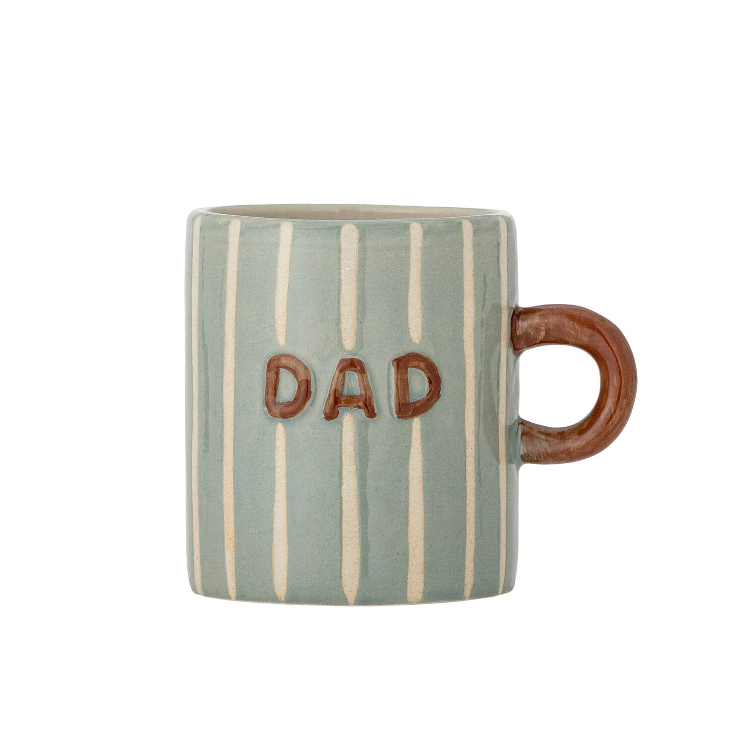 Becher Cherish 8x9 cm mit braunem Henkel, hellblauen Streifen und Aufschrift „Dad“