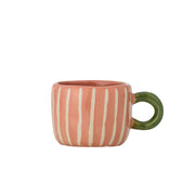 Rosa Tasse mit weißen Streifen und grünem Henkel, Keramikbecher