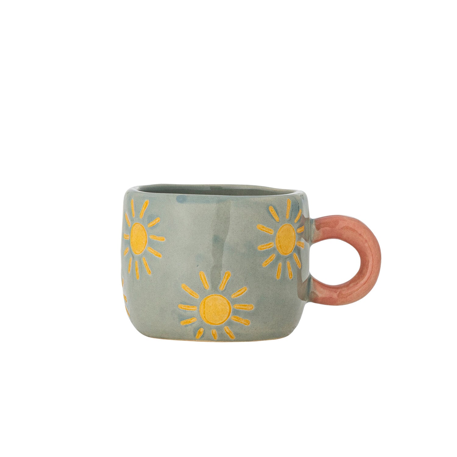 Grau-blaue Tasse mit Sonnenmotiv und rosafarbenem Henkel
