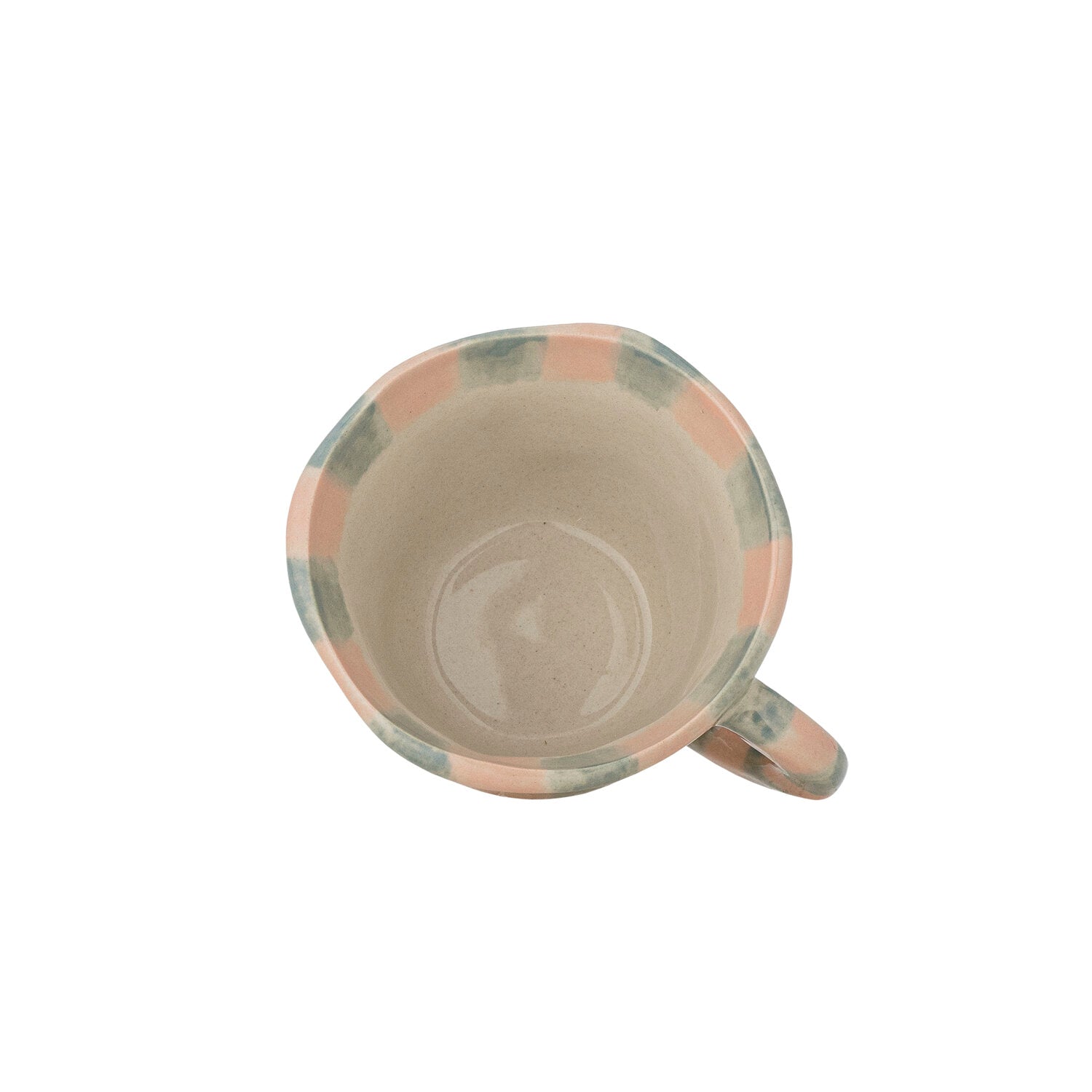 Tasse „Nini“ von oben mit rosa- und graugrünen Streifen, Henkel nach rechts
