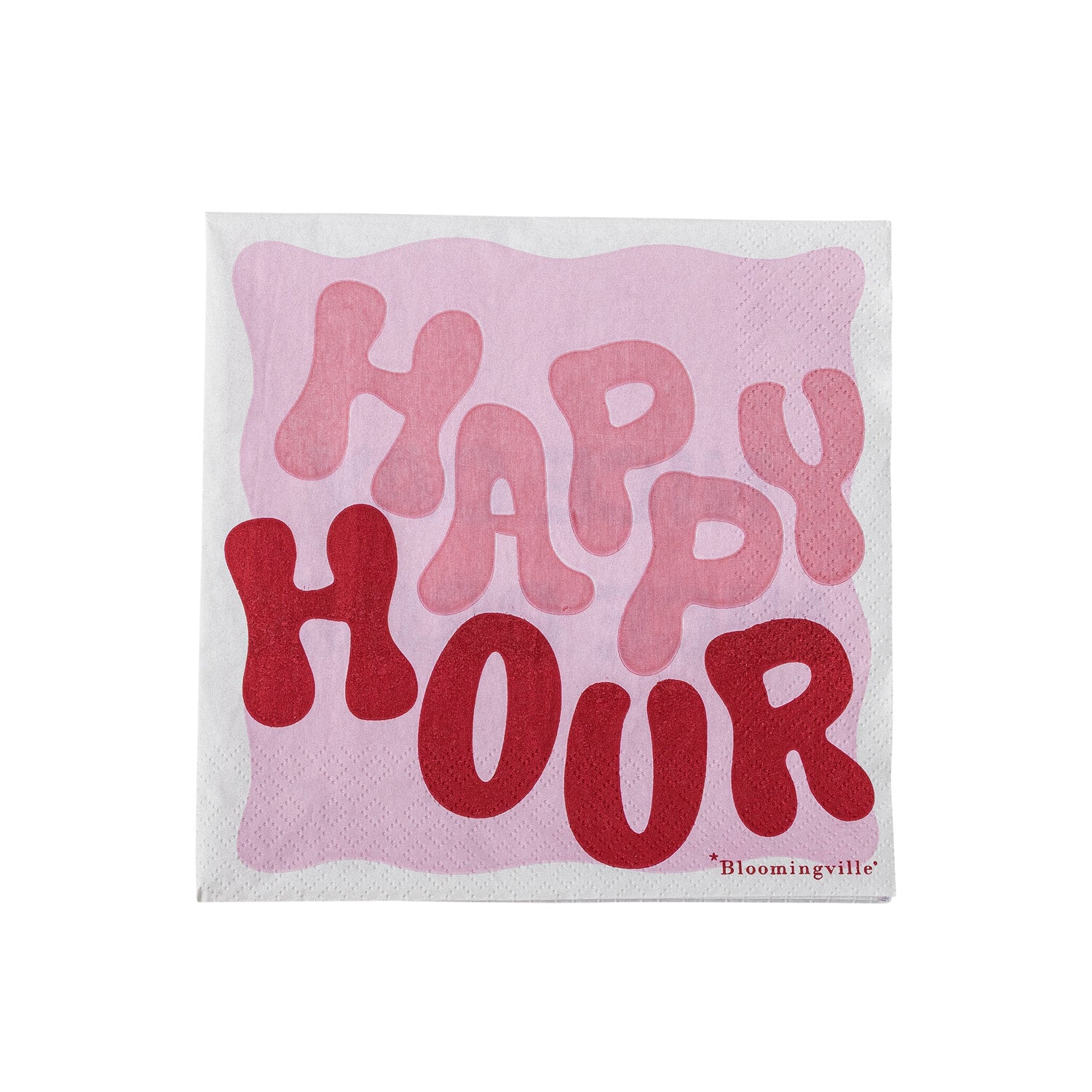 Bunte Papierserviette mit rosafarbenem Schriftzug „HAPPY HOUR“ auf quadratischem Tuch