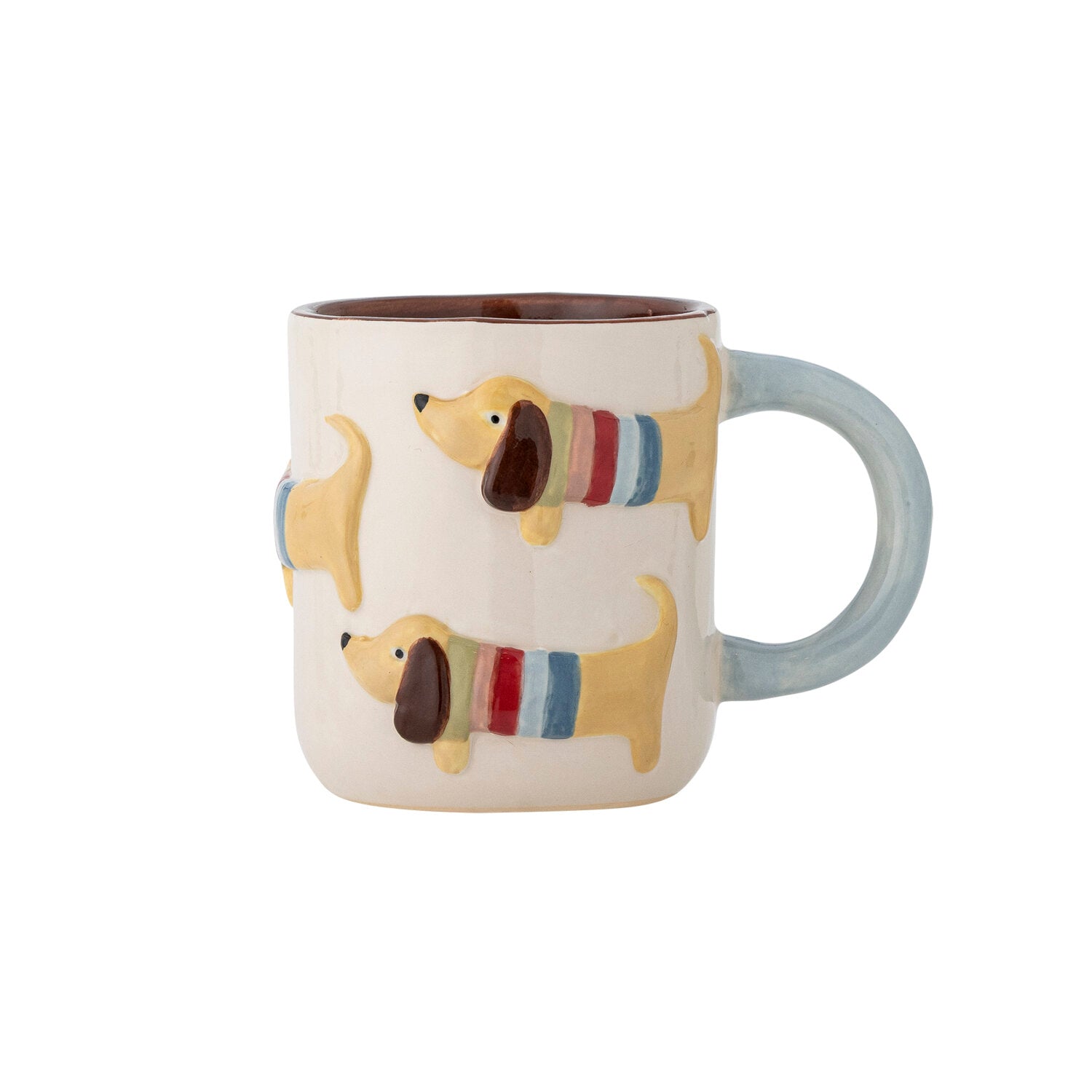 Bunte Keramiktasse mit Hundemotiv, beigen Korpus, hellblauer Henkel, innen dunkel