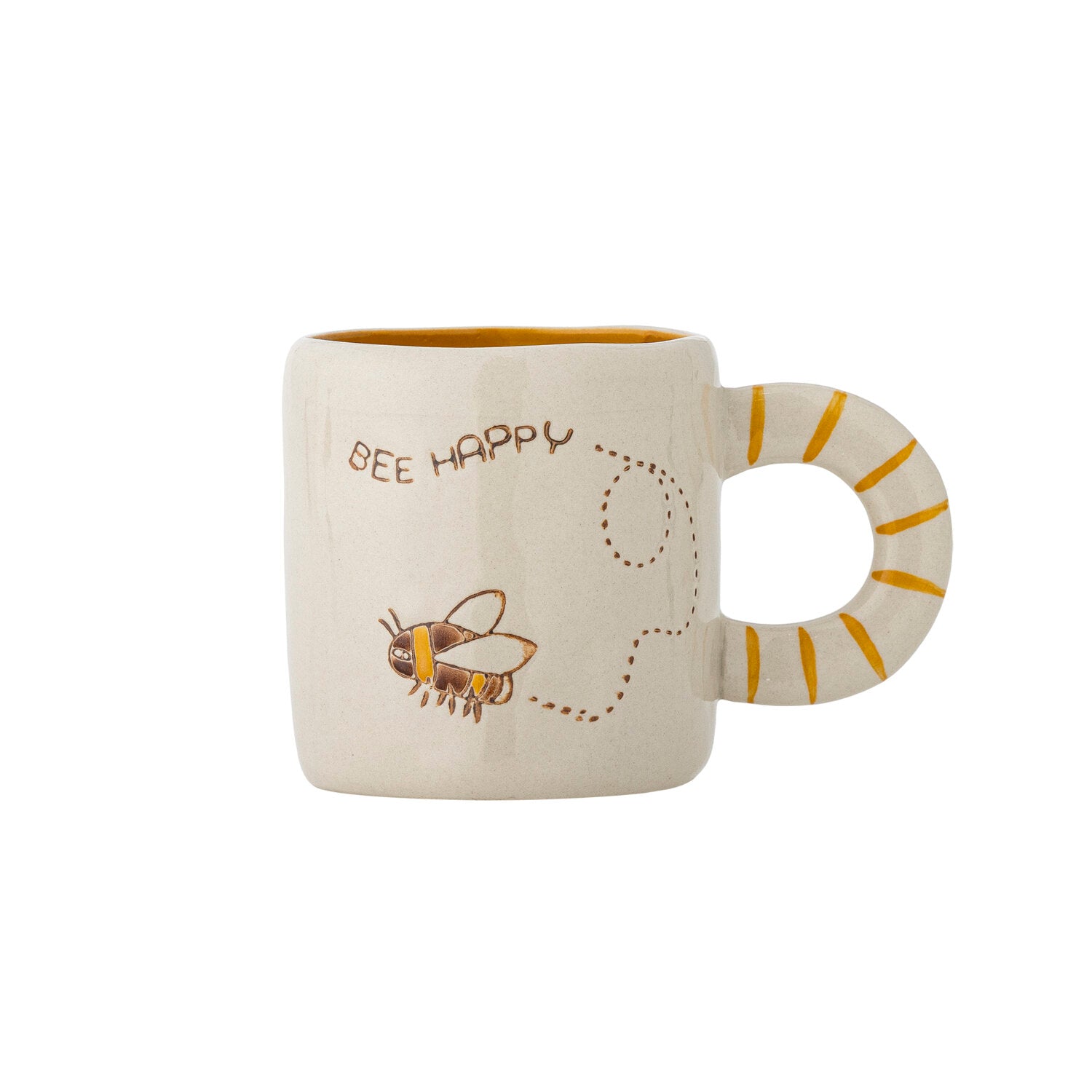 Naturfarbene Tasse mit Bienenmotiv, „BEE HAPPY“-Schrift und kurzem Henkel