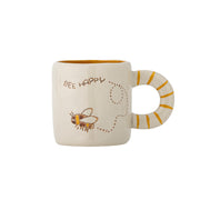 Naturfarbene Tasse mit Bienenmotiv, „BEE HAPPY“-Schrift und kurzem Henkel