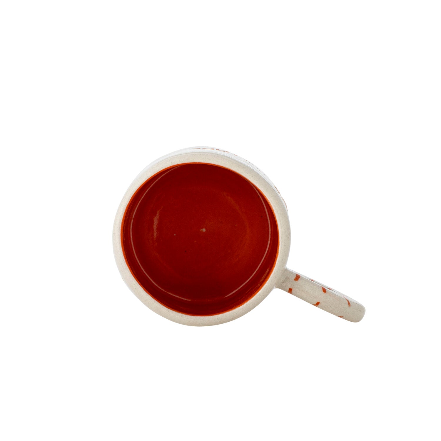 Weiße Tasse mit orangefarbener Innenfläche, Henkel mit orangenen Streifen
