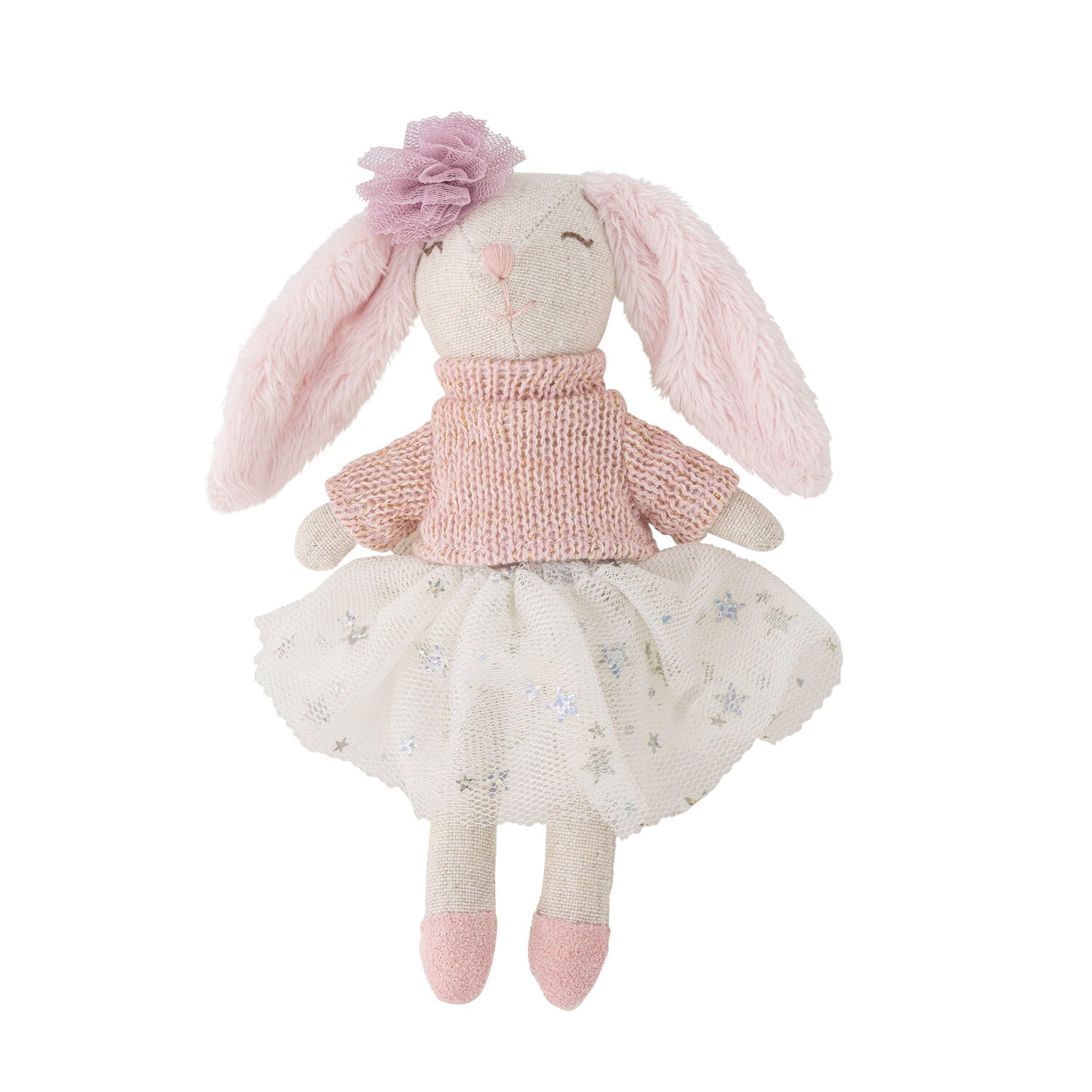 Stoffpuppe mit rosa Hasenohren und Strickkleidchen, weißer Rock mit kleinem Muster