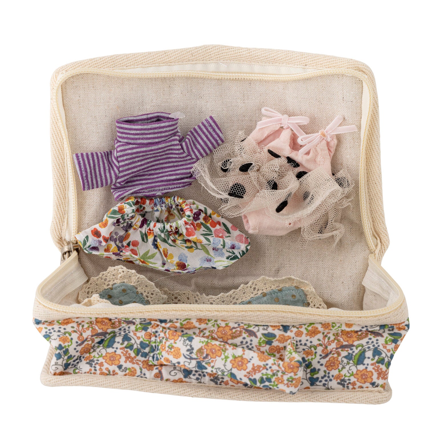 Stoffpuppe in offenem Reiseetui, mit Kleidchen und Accessoires in bunten Mustern
