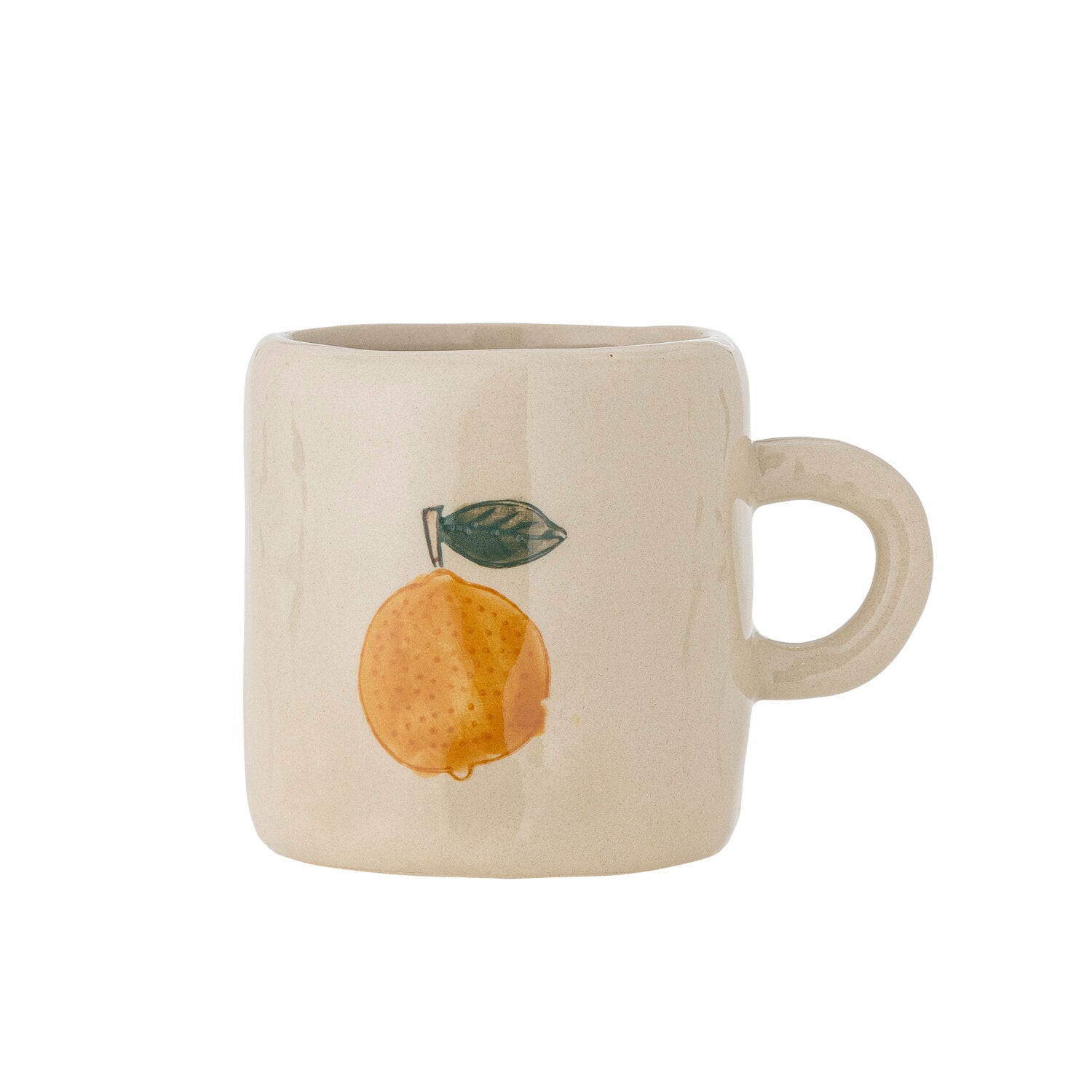Cremefarbene Tasse mit Illustration einer Orange und grünem Blatt, Henkel rechts
