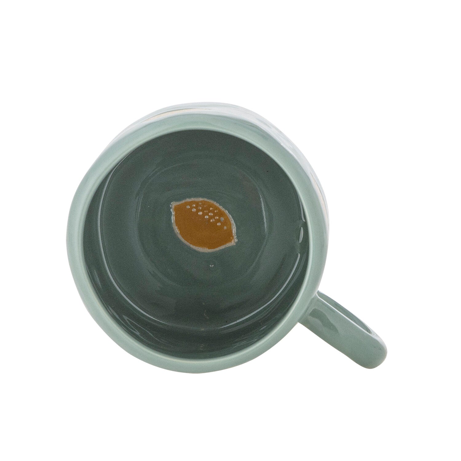 Keramik-Tasse, innen dunkelgrün; Ansicht von oben mit Henkel und Orangenmotiv