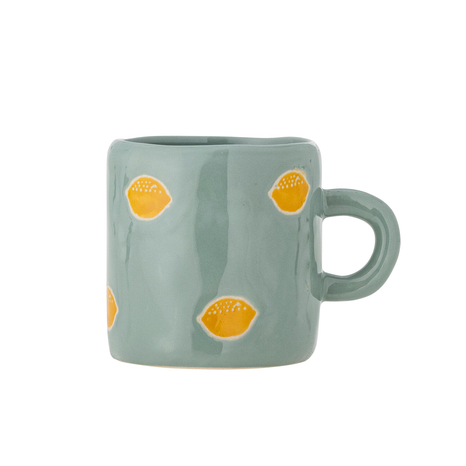 Keramik-Tasse in Petrolgrün mit orangefarbenen Orangen-Motiven und Henkel