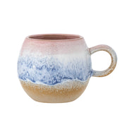 Keramik-Tasse mit Henkel, außen rosa, unten goldbraun und blau gestrichelter Farbverlauf