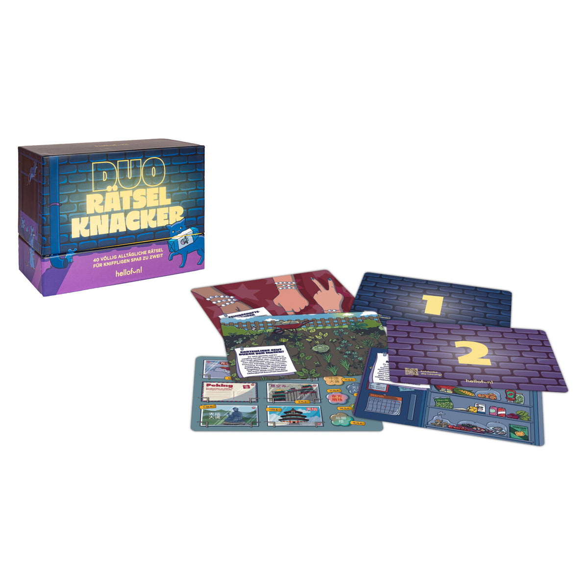 Gesellschaftsspiel-Box mit verpackten Spielkarten, Aufstellteilen und Anleitung im Set