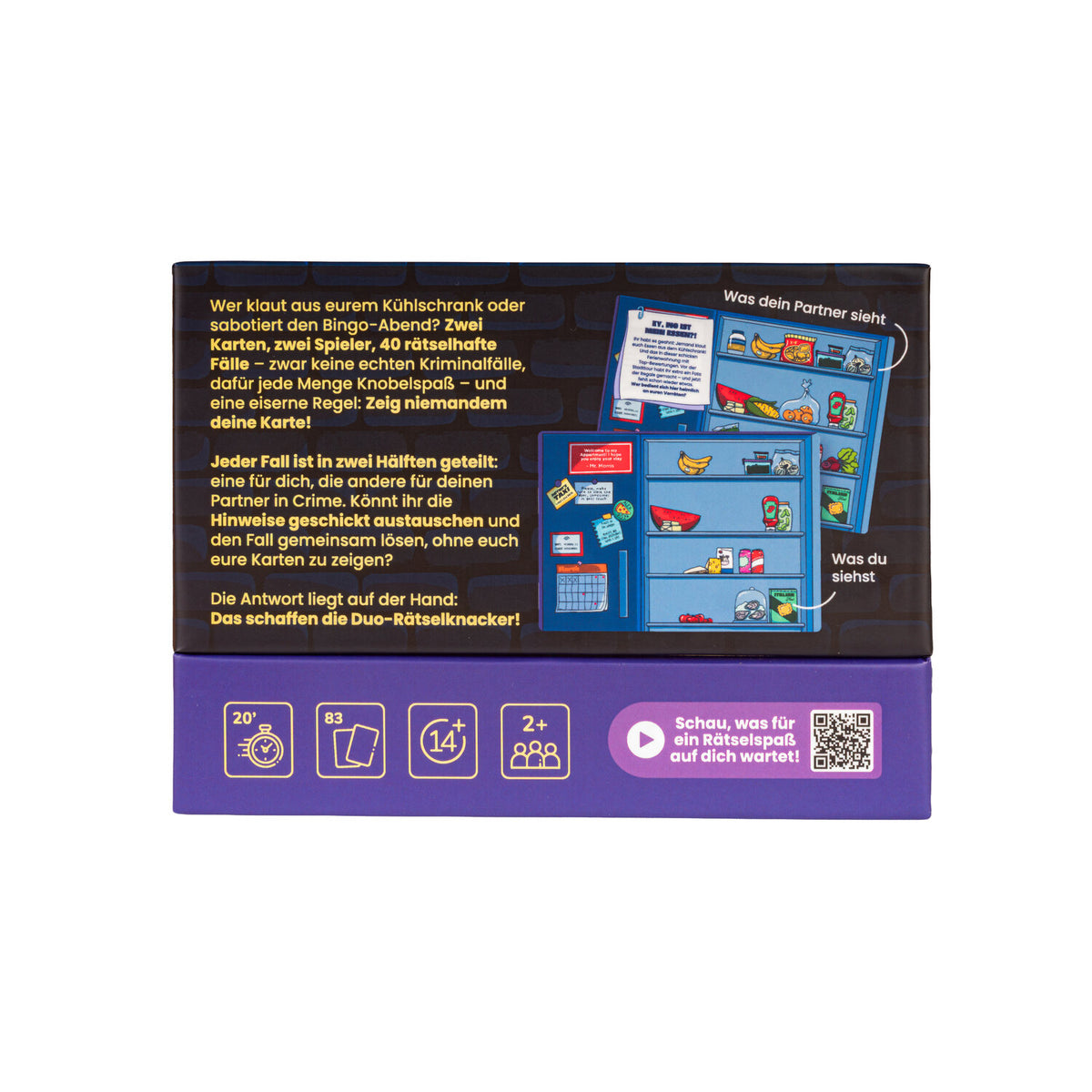Rückseite der Gesellschaftsspiel-Box mit Spielablauf-Text und Übersicht der Schritte