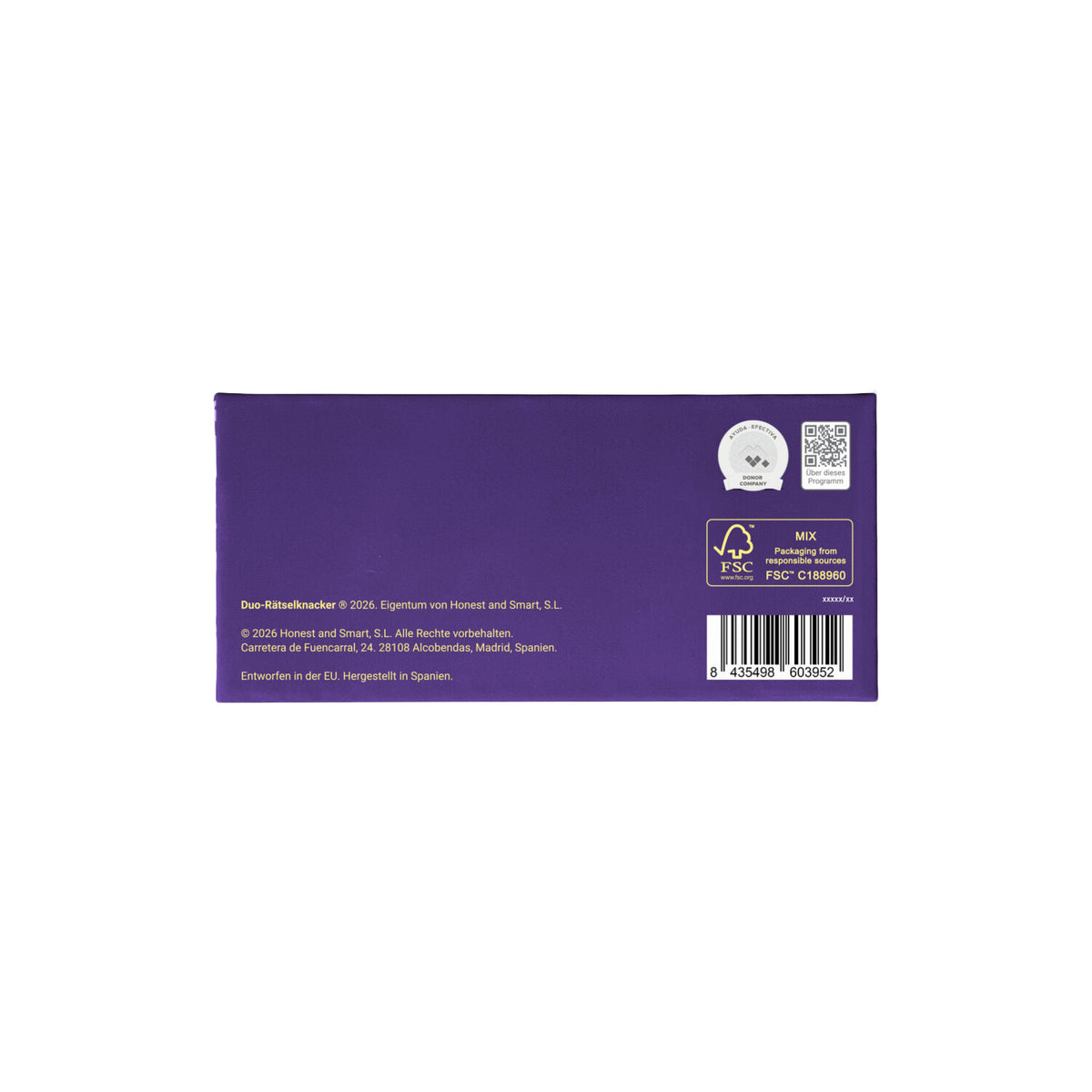 Unterseite der Spielbox mit Barcode, QR-Code und Kennzeichnungen