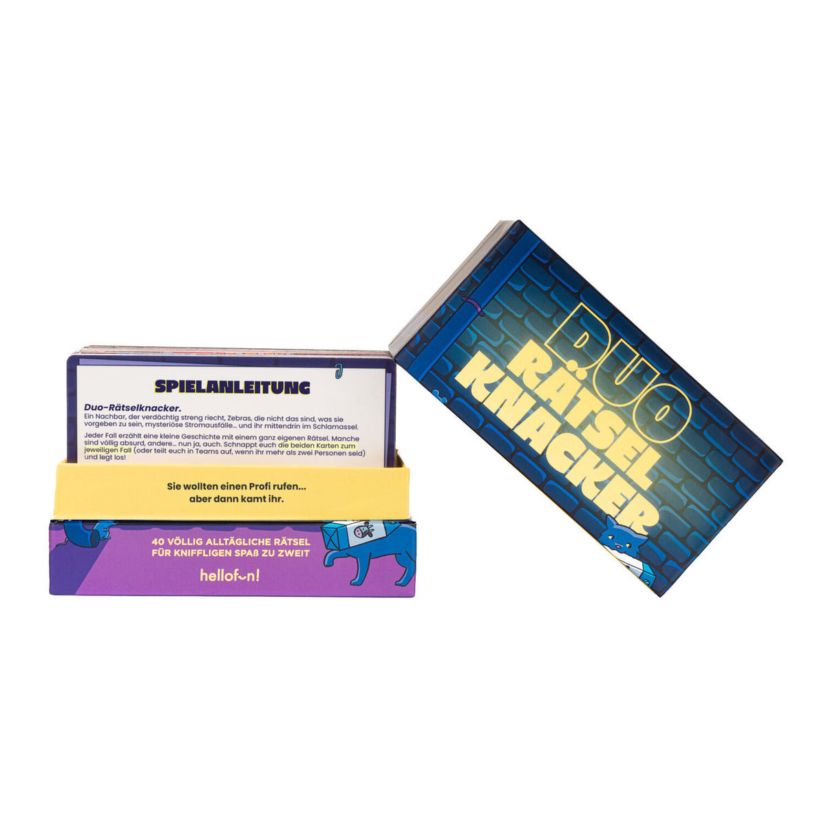 Gesellschaftsspiel-Box mit aufgeschlagener Spielanleitung und bedrucktem Karteninhalt