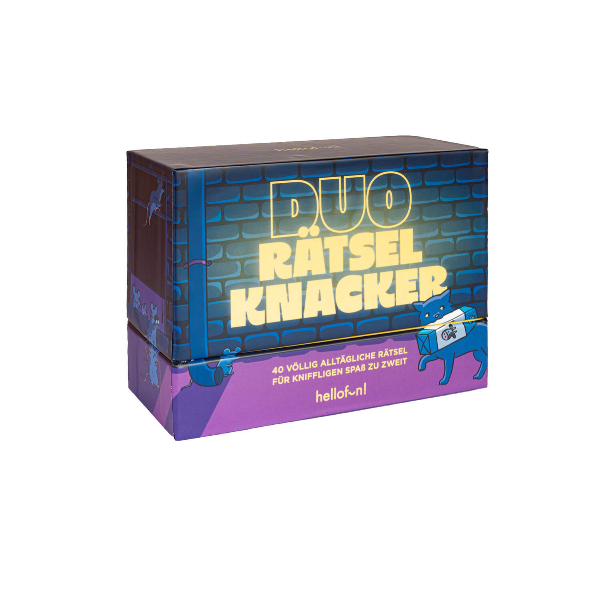 3D-Ansicht der Gesellschaftsspiel-Box mit blauem Ziegelmuster und gelbem Schriftzug
