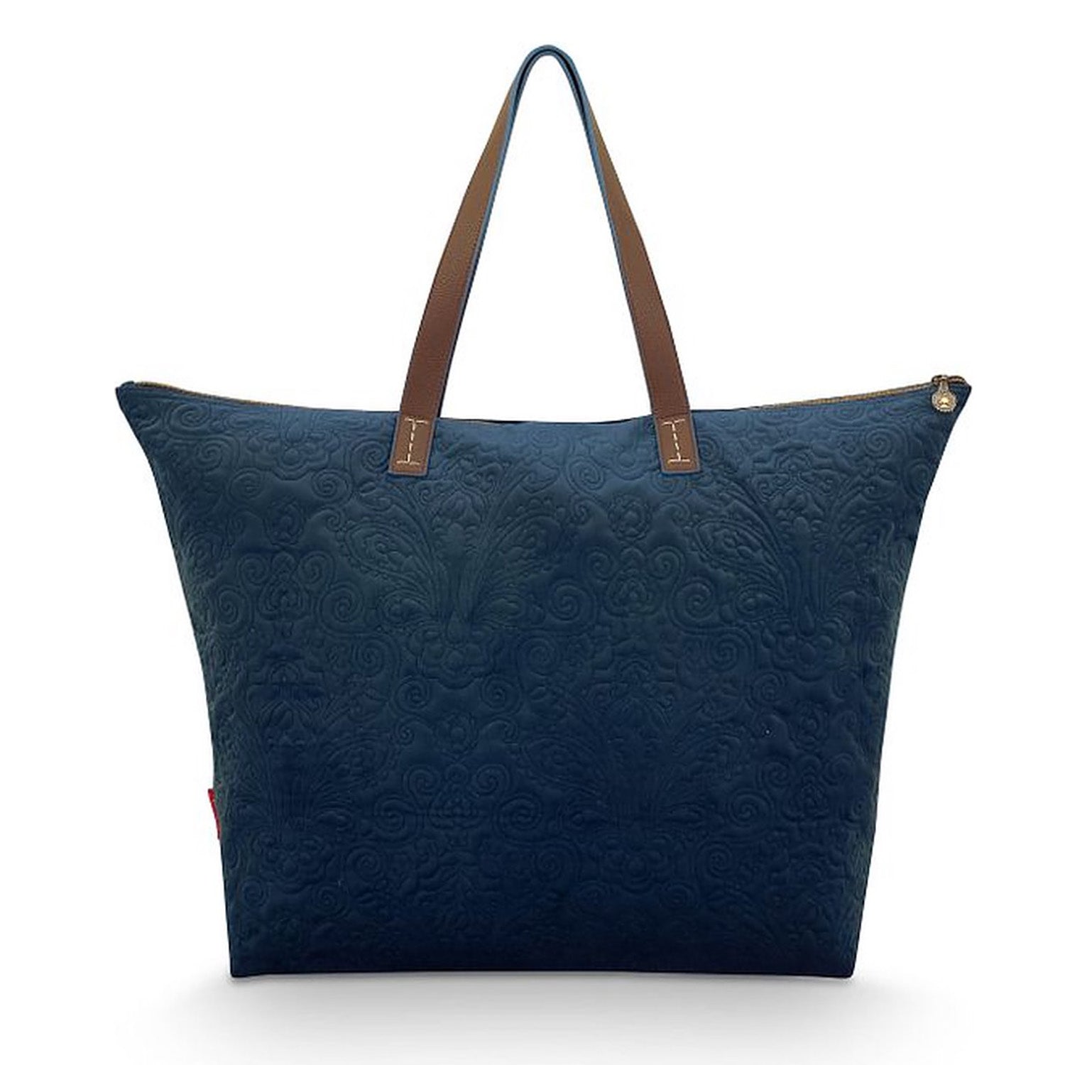 Blaues Tragetasche mit breiten Seiten, braunen Riemen und Knopf vorn