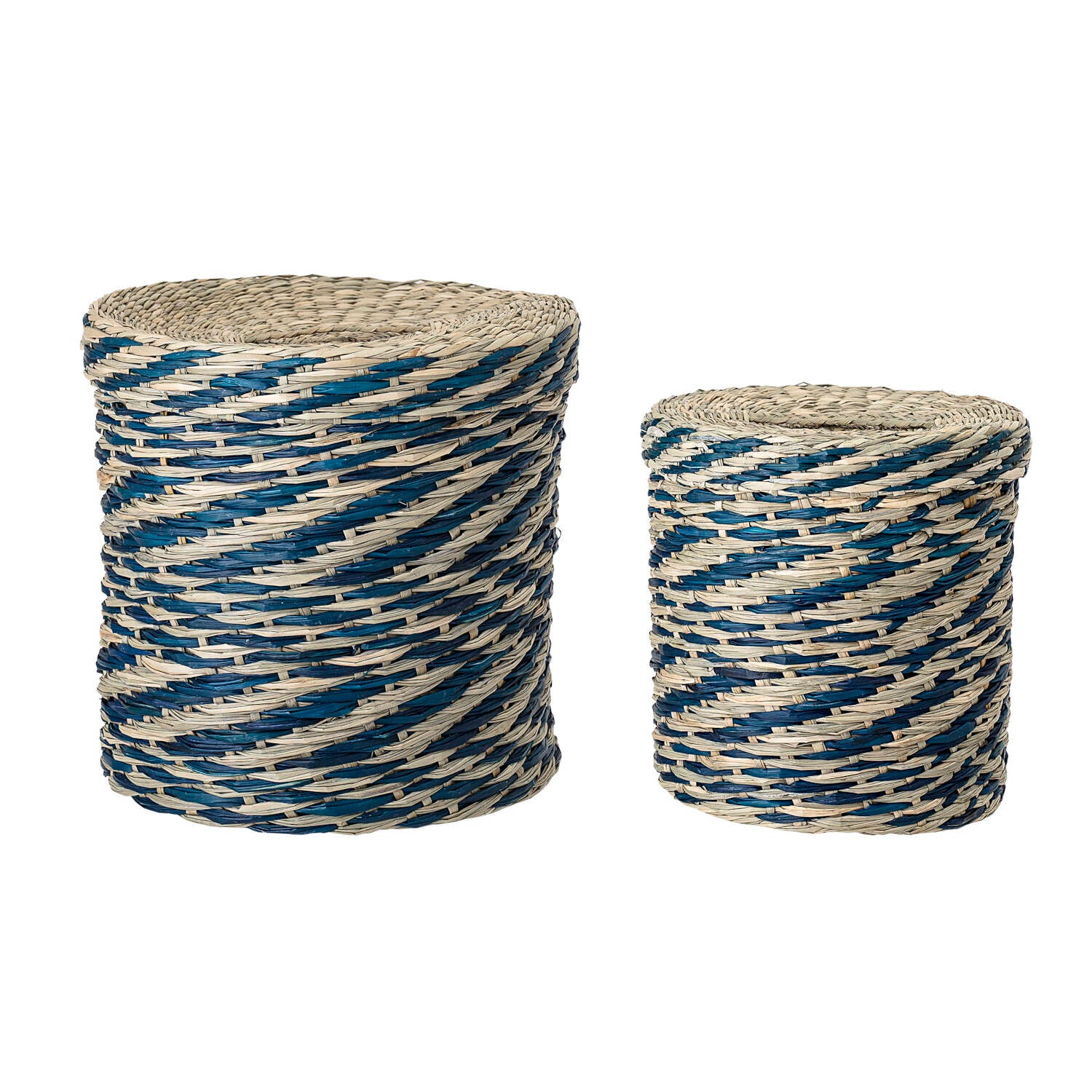 Zylinder-Korb-Set aus geflochtenem Naturmaterial mit blauem Zickzack-Band, 2-tlg.