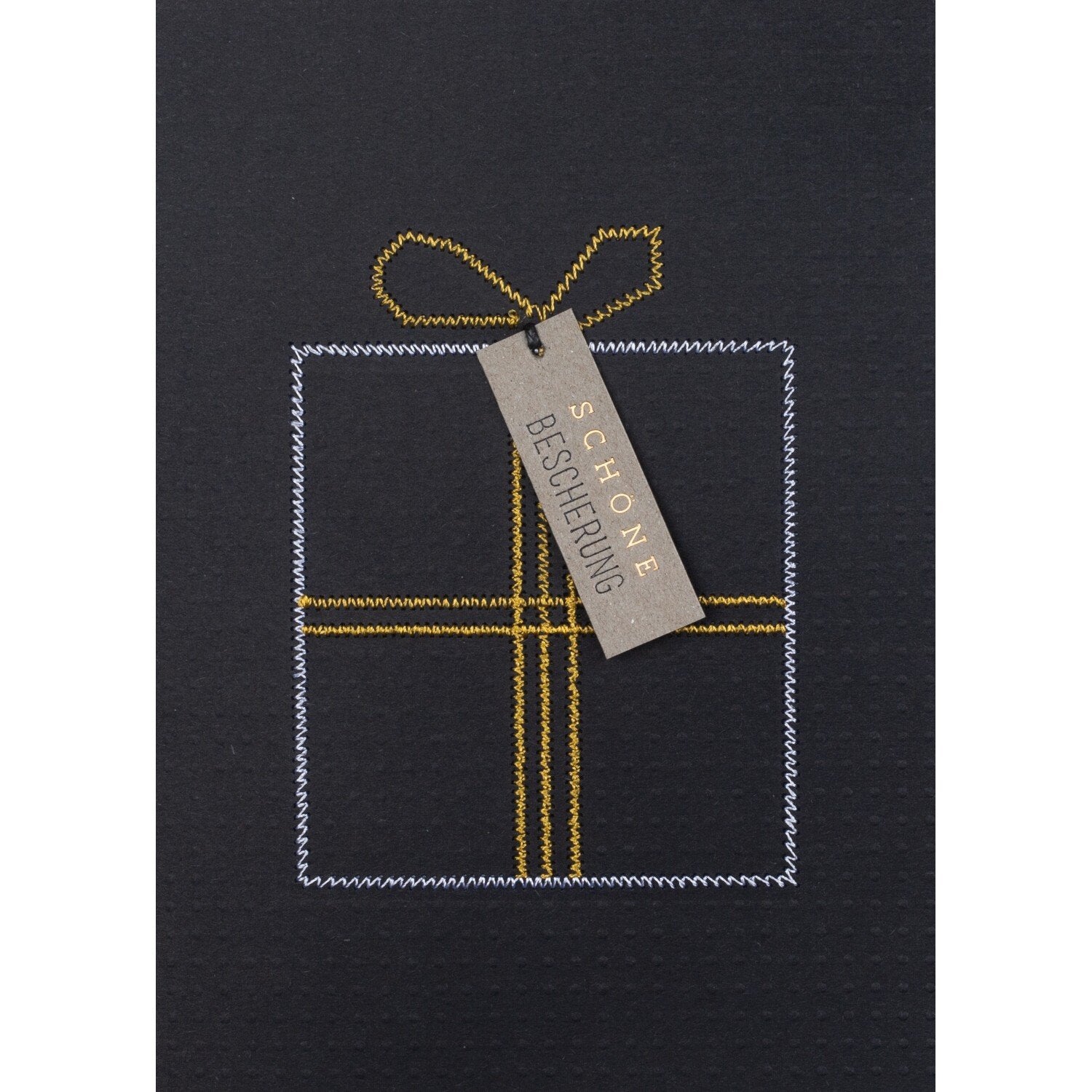Weihnachtskarte gestickt "Schöne Bescherung" - 11,8x16,6 cm (Schwarz/Weiß/Gold) räder Design