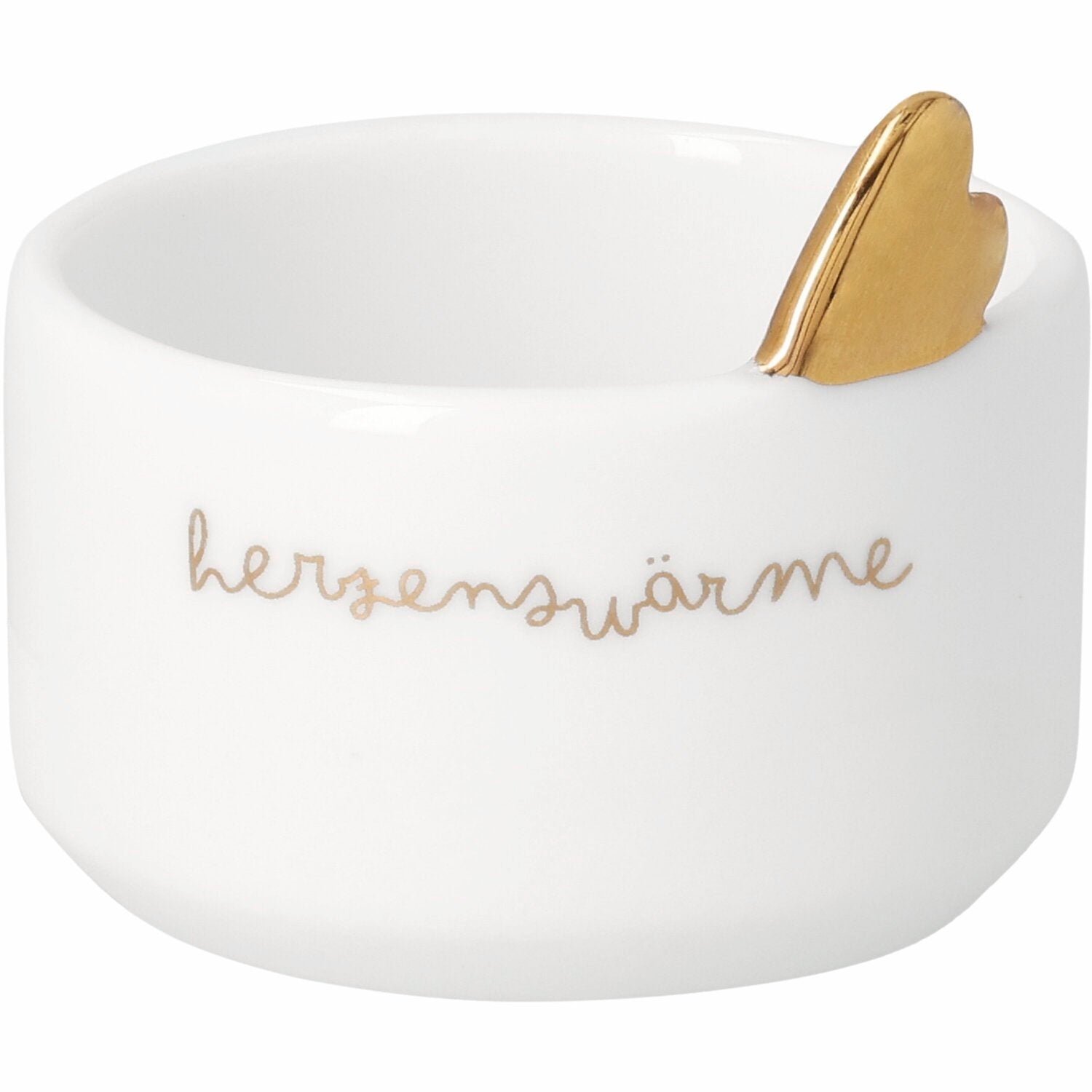 Weißes Teelicht mit goldener Deckelklappe und Schrift „Herzenwärme“