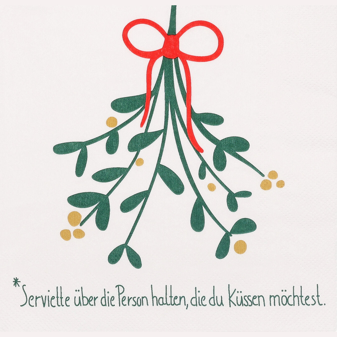 Papierserviette mit Mistelzweig-Motiv, roter Schleife und Spruch in Schriftzug