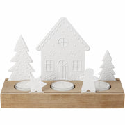 Lichtszene mit Holztablett und weißen Häusern, Tannen und Teelicht-Formen
