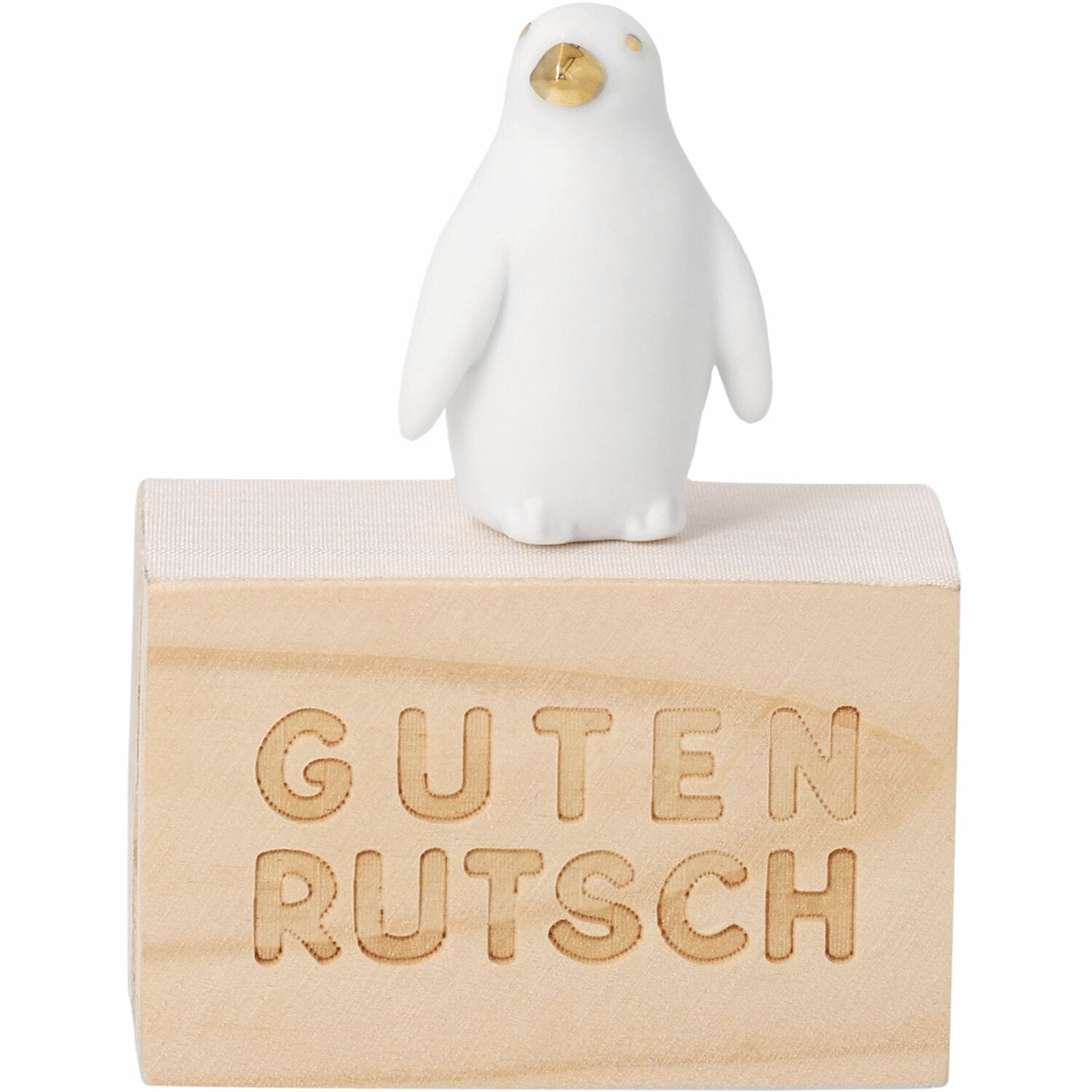 Glückskästchen aus Holz mit Pinguinfigur und Prägung „Guten Rutsch“